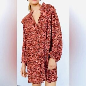 Zara Red Floral Mini Dress - Button Down V-Neck Long Sleeve
